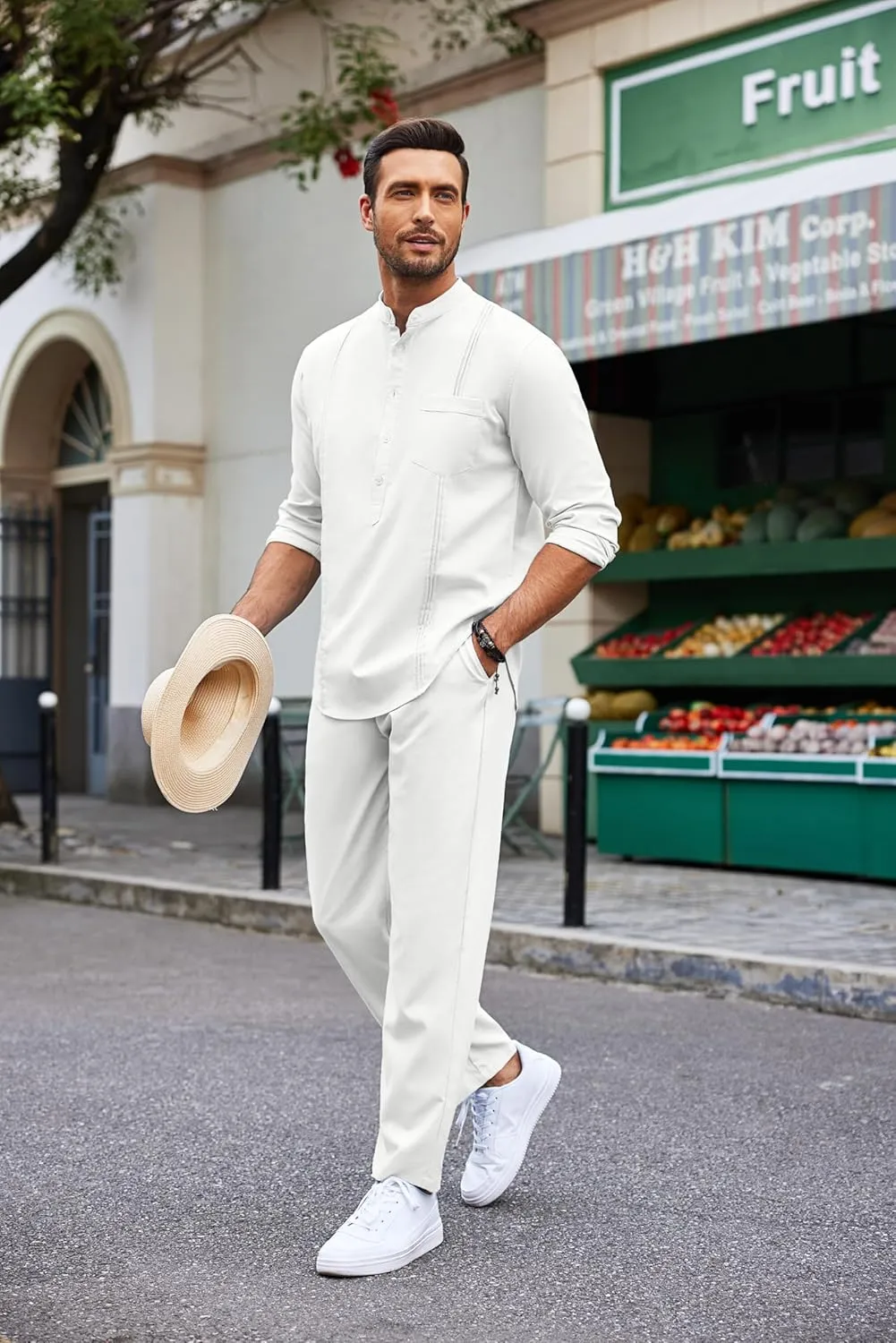 COOFANDY Men's 2 Piece Cotton Sets Casual Long Sleeve Cuban Henley Shirt and Loose Pants Set Beach Vacation Outfits