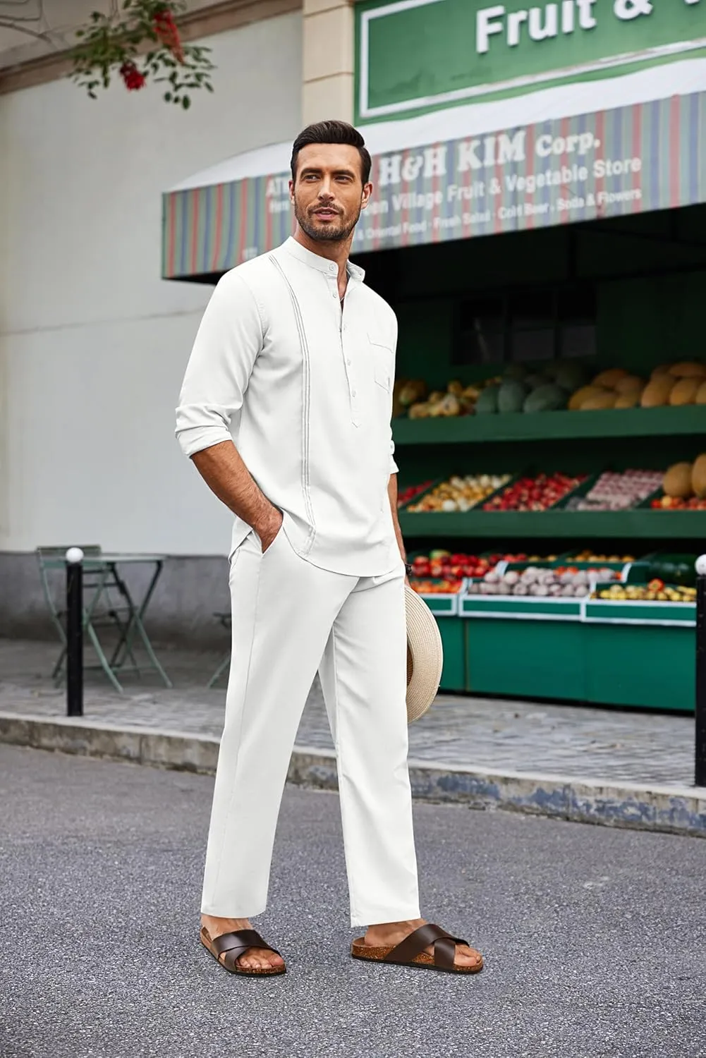 COOFANDY Men's 2 Piece Cotton Sets Casual Long Sleeve Cuban Henley Shirt and Loose Pants Set Beach Vacation Outfits