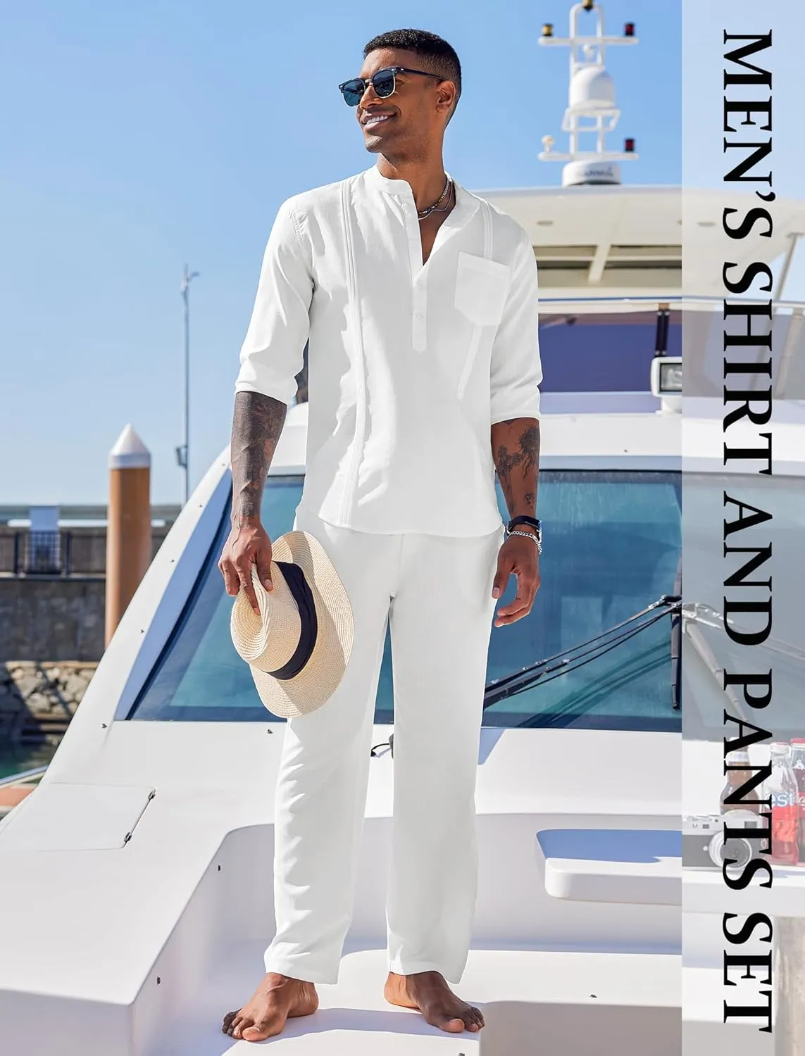 COOFANDY Men's 2 Piece Cotton Sets Casual Long Sleeve Cuban Henley Shirt and Loose Pants Set Beach Vacation Outfits