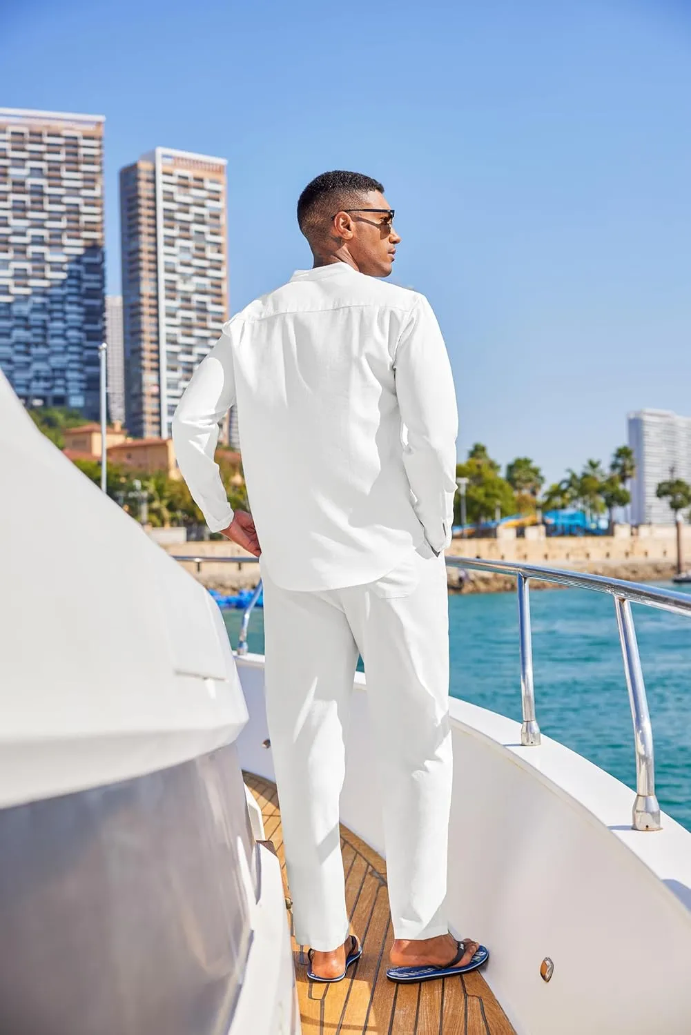 COOFANDY Men's 2 Piece Cotton Sets Casual Long Sleeve Cuban Henley Shirt and Loose Pants Set Beach Vacation Outfits