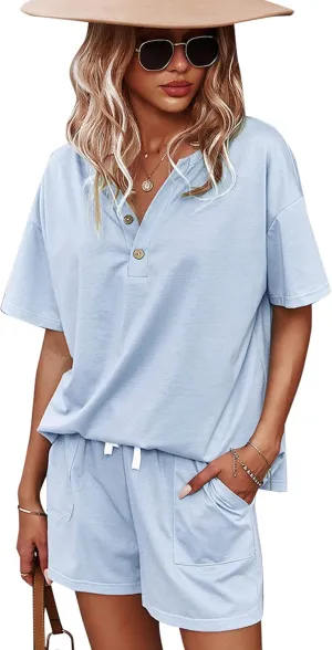 CORSKI Women's Short Sleeve Sweatsuit Sets Lounge 2 Piece V Neck Tracksuit Casual Loose Fit Outfits