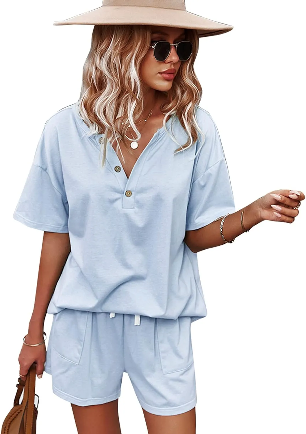 CORSKI Women's Short Sleeve Sweatsuit Sets Lounge 2 Piece V Neck Tracksuit Casual Loose Fit Outfits