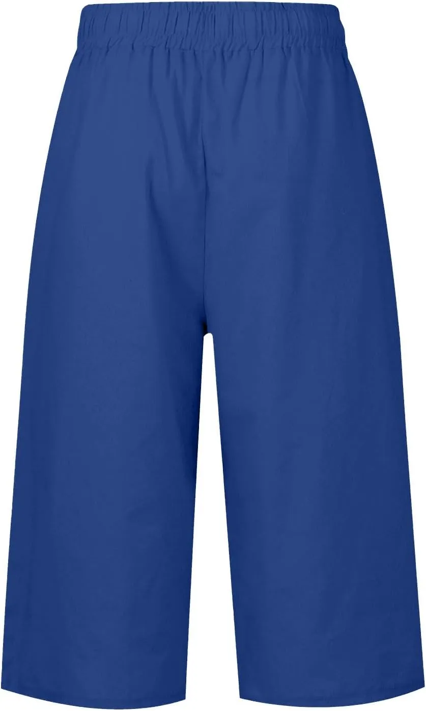 Cotton Linen Capri Pants for Women Casual Elastic Waist Drawstring Wide Leg 3/4 Short Lightweight Summer Beach Capris