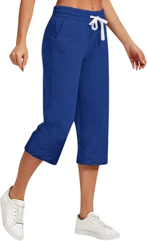 Cotton Linen Capri Pants for Women Casual Elastic Waist Drawstring Wide Leg 3/4 Short Lightweight Summer Beach Capris