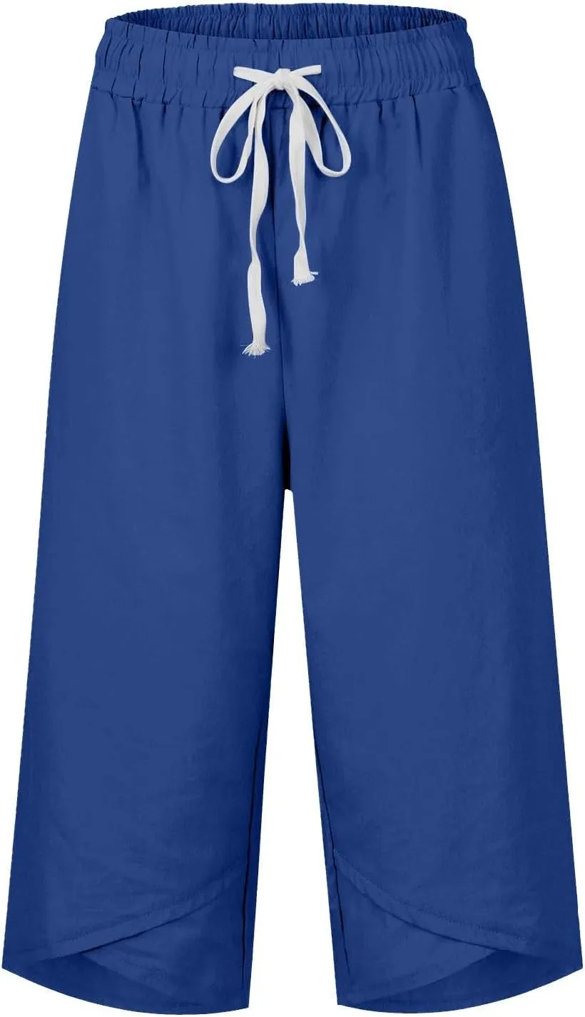 Cotton Linen Capri Pants for Women Casual Elastic Waist Drawstring Wide Leg 3/4 Short Lightweight Summer Beach Capris