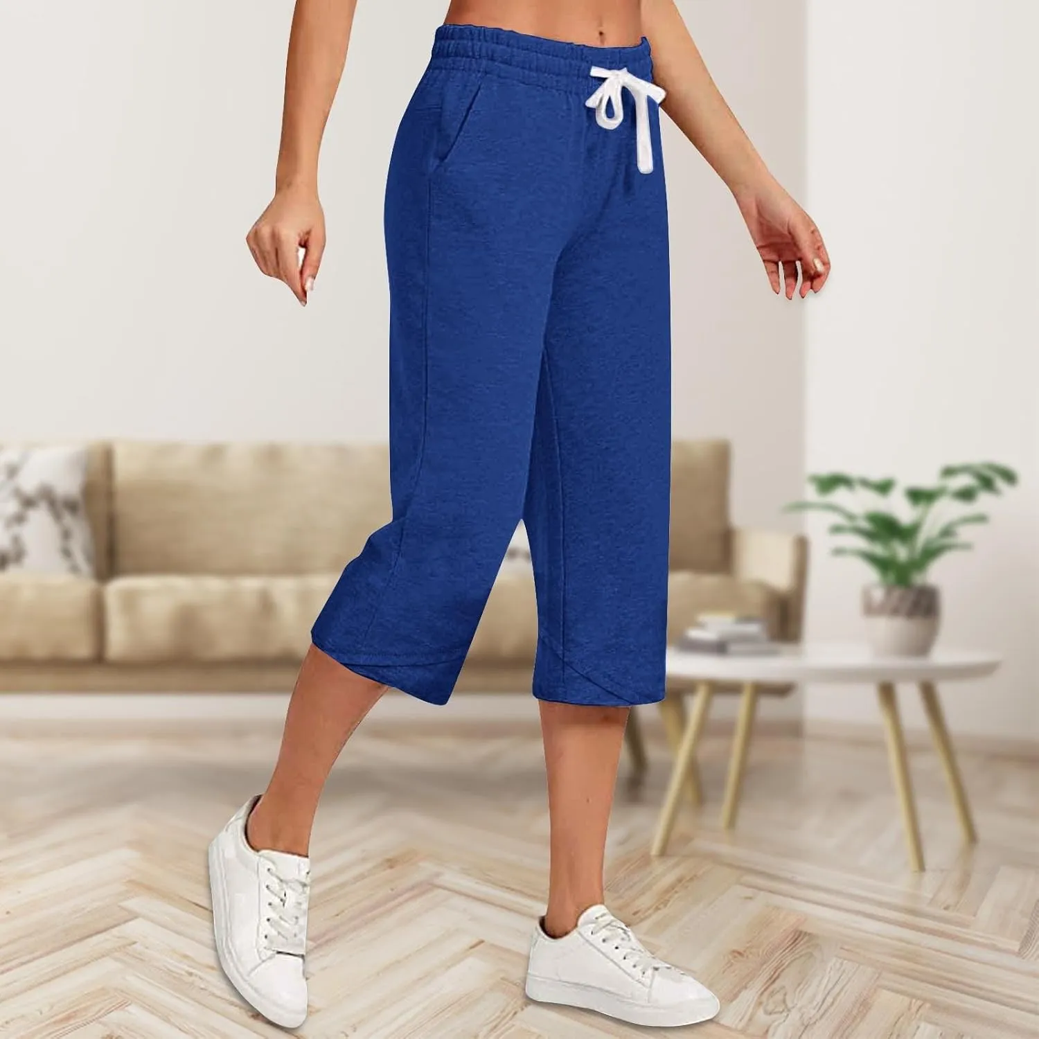 Cotton Linen Capri Pants for Women Casual Elastic Waist Drawstring Wide Leg 3/4 Short Lightweight Summer Beach Capris