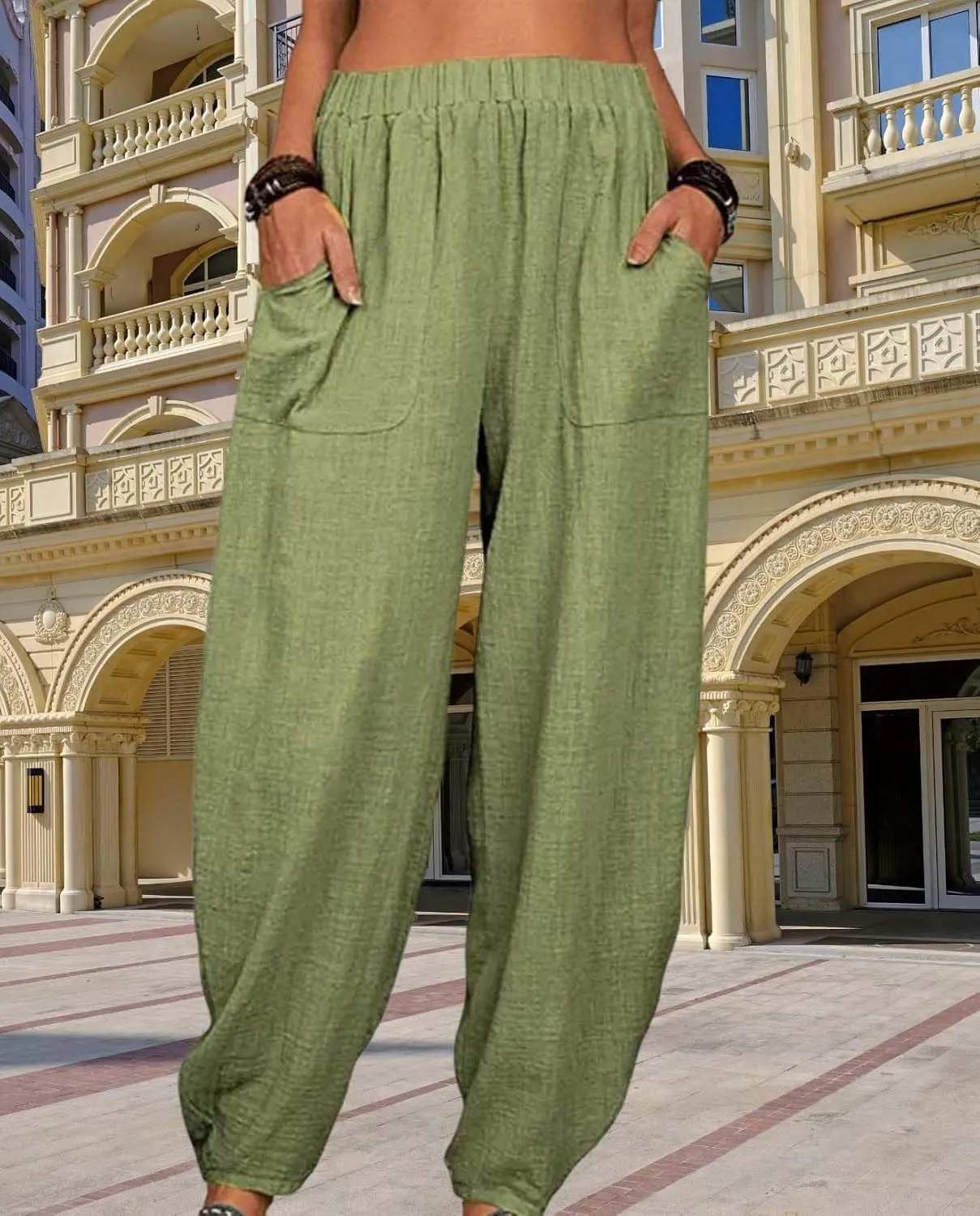 Cotton Linen Elastic Waist Harem Pants for Women Casual High Waist Trousers with Pockets Solid Color Casual Pants