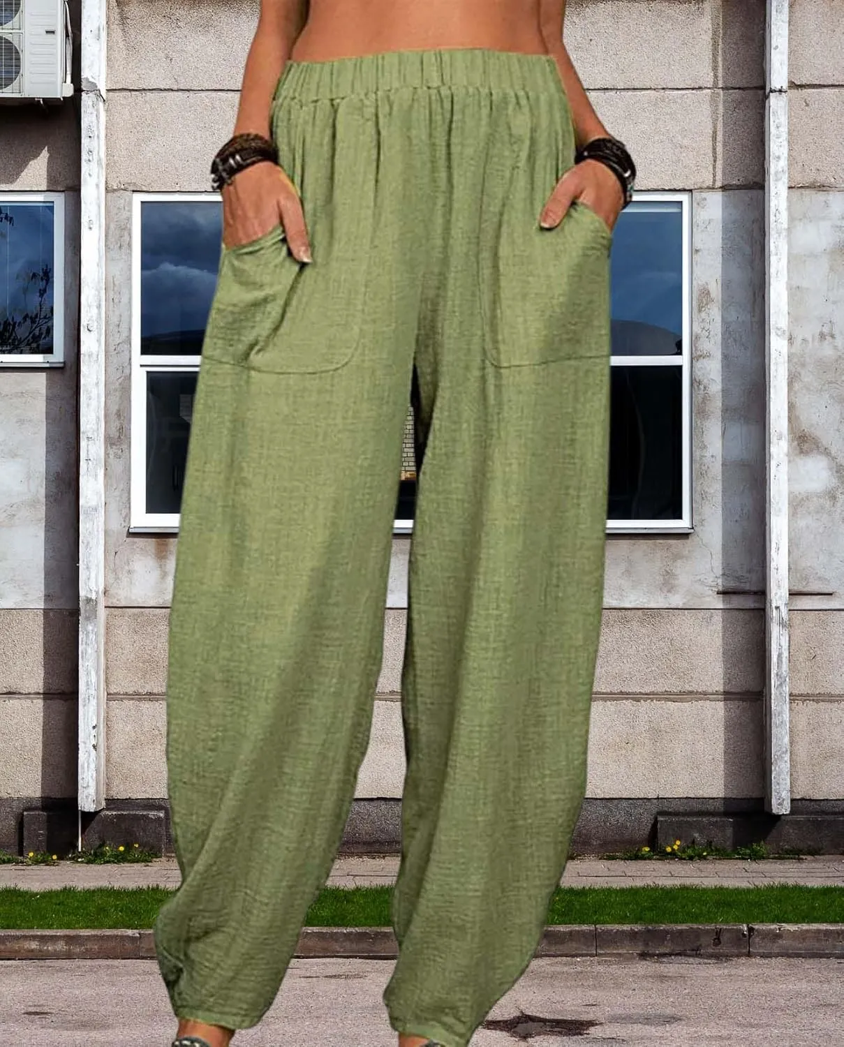Cotton Linen Elastic Waist Harem Pants for Women Casual High Waist Trousers with Pockets Solid Color Casual Pants