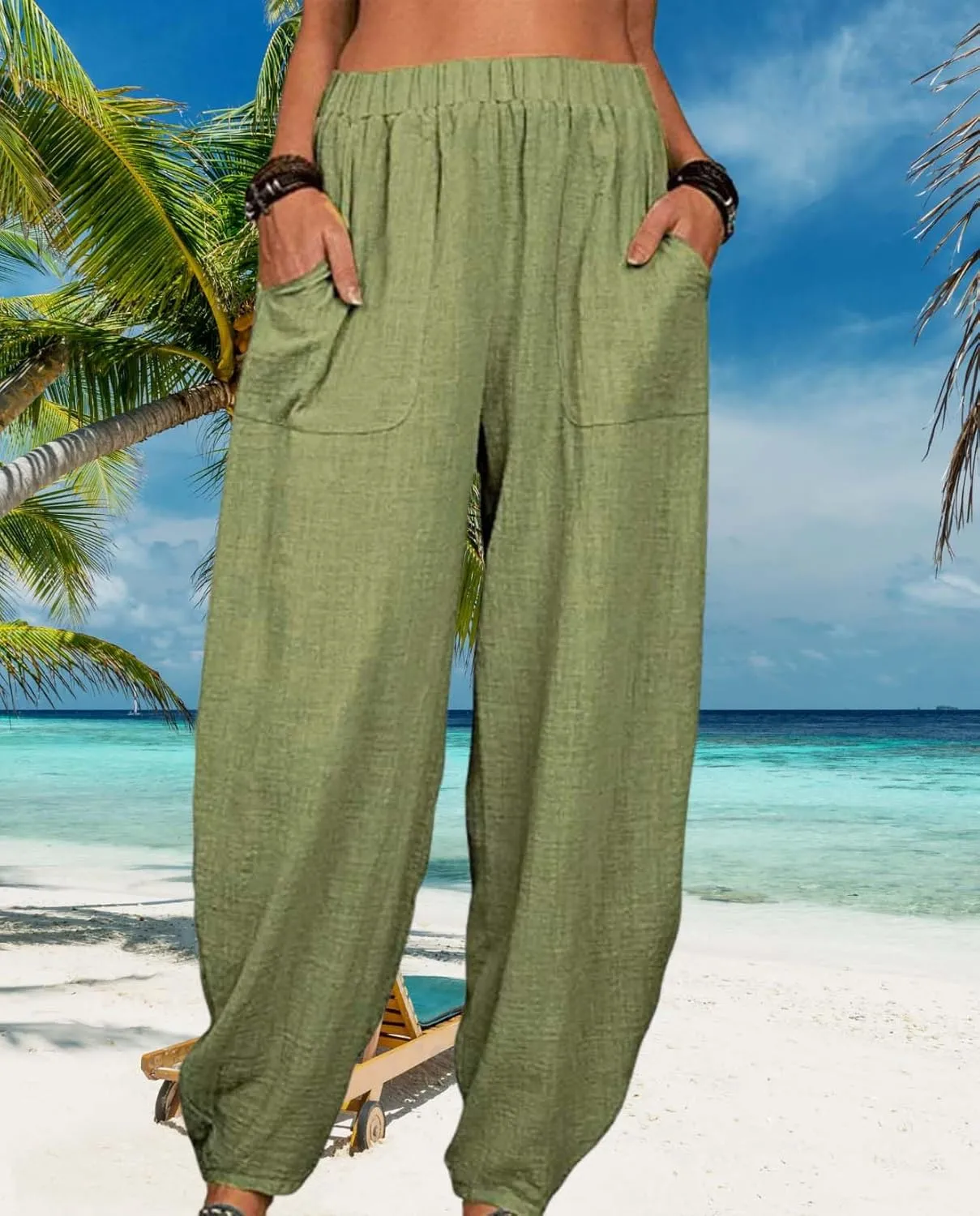 Cotton Linen Elastic Waist Harem Pants for Women Casual High Waist Trousers with Pockets Solid Color Casual Pants