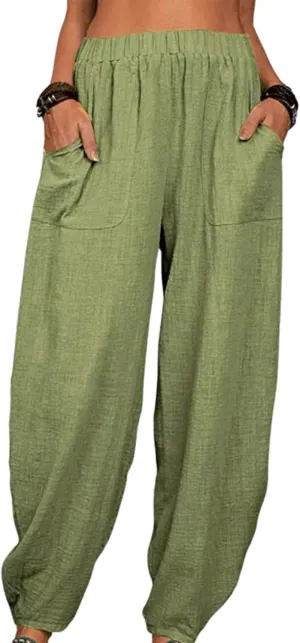 Cotton Linen Elastic Waist Harem Pants for Women Casual High Waist Trousers with Pockets Solid Color Casual Pants
