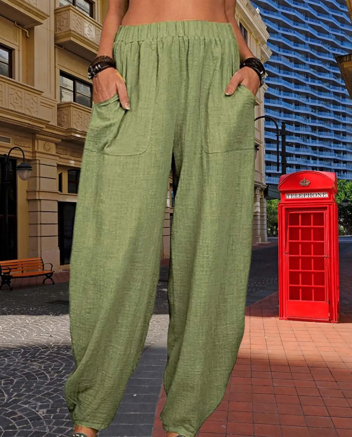 Cotton Linen Elastic Waist Harem Pants for Women Casual High Waist Trousers with Pockets Solid Color Casual Pants