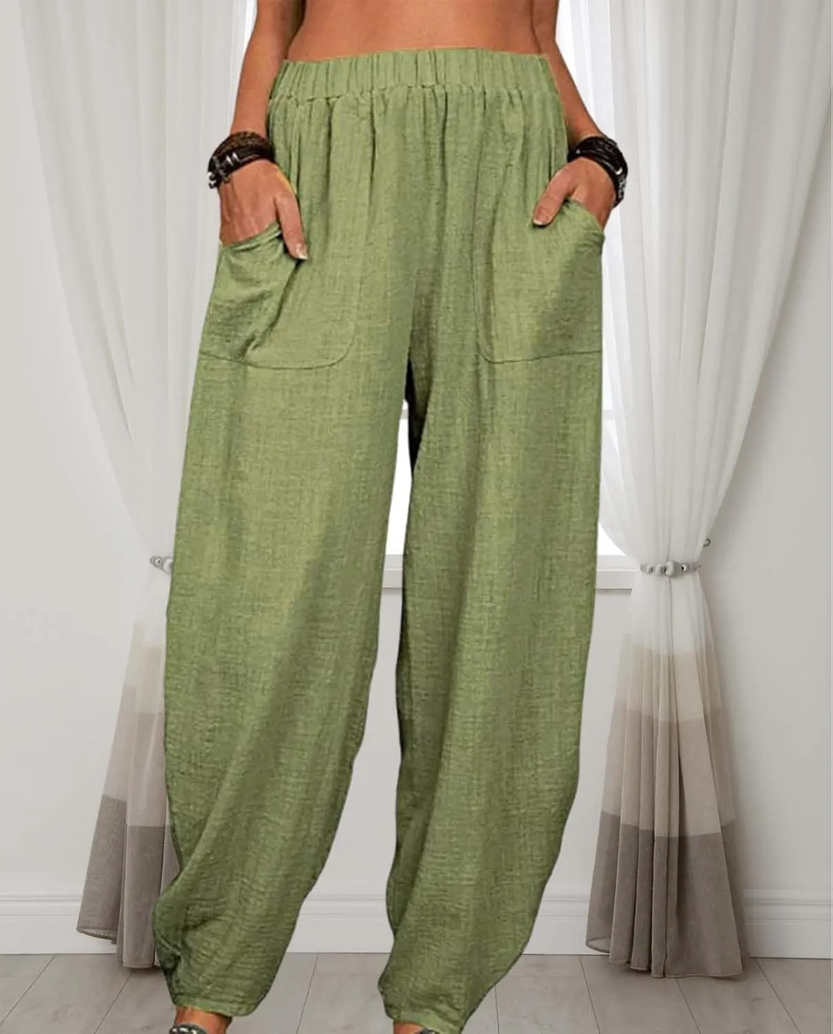Cotton Linen Elastic Waist Harem Pants for Women Casual High Waist Trousers with Pockets Solid Color Casual Pants