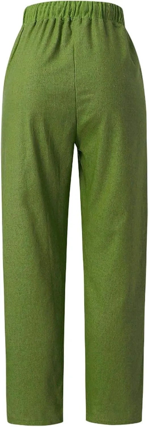 Cotton Linen Pants for Women 2024 Summer Drawstring High Waist Cropped Pants Loose Wide Leg Trousers with Pockets