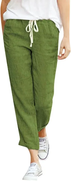 Cotton Linen Pants for Women 2024 Summer Drawstring High Waist Cropped Pants Loose Wide Leg Trousers with Pockets