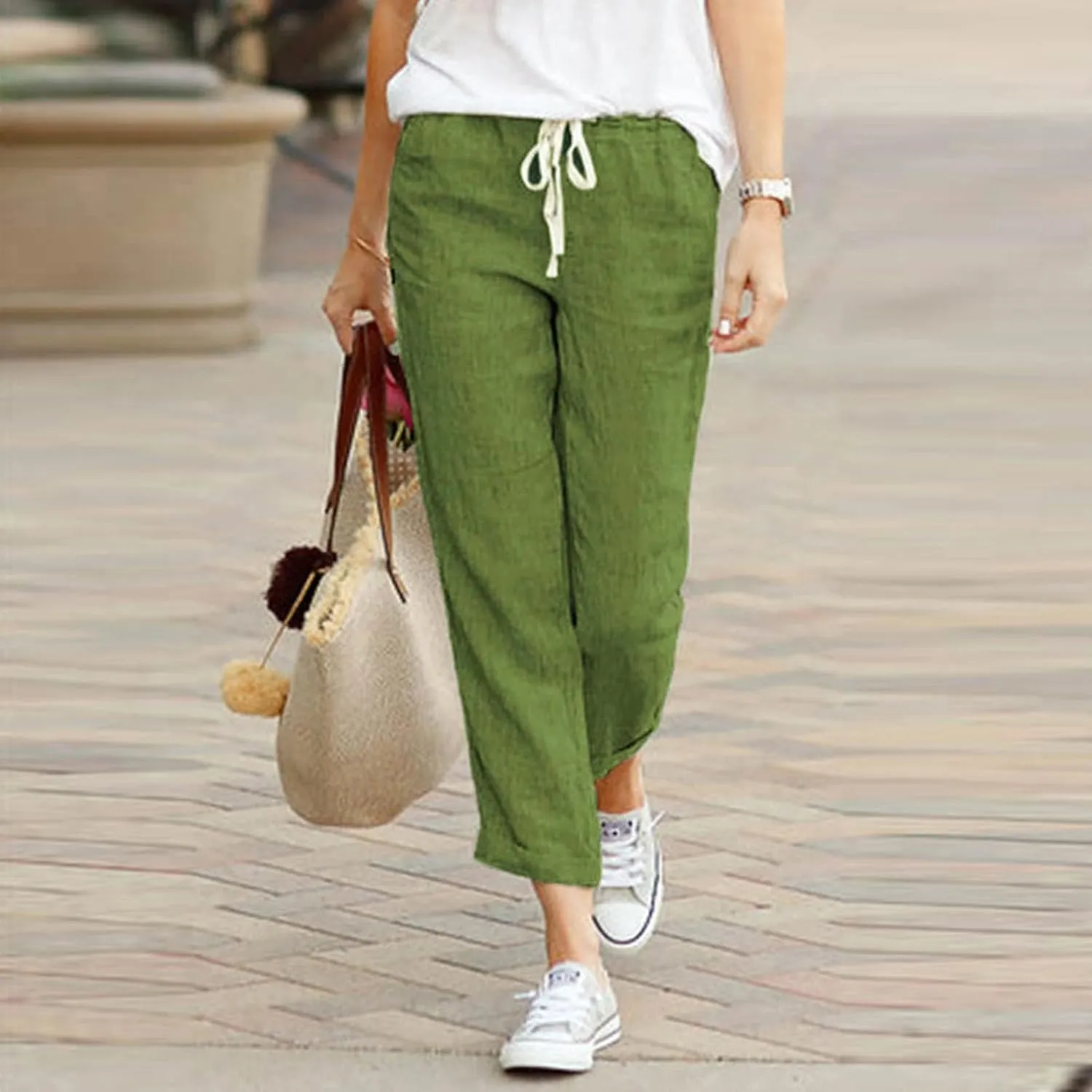 Cotton Linen Pants for Women 2024 Summer Drawstring High Waist Cropped Pants Loose Wide Leg Trousers with Pockets