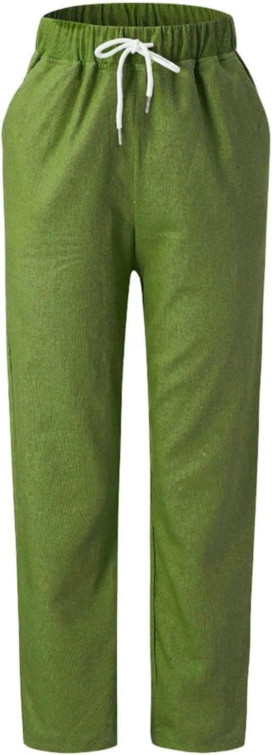 Cotton Linen Pants for Women 2024 Summer Drawstring High Waist Cropped Pants Loose Wide Leg Trousers with Pockets