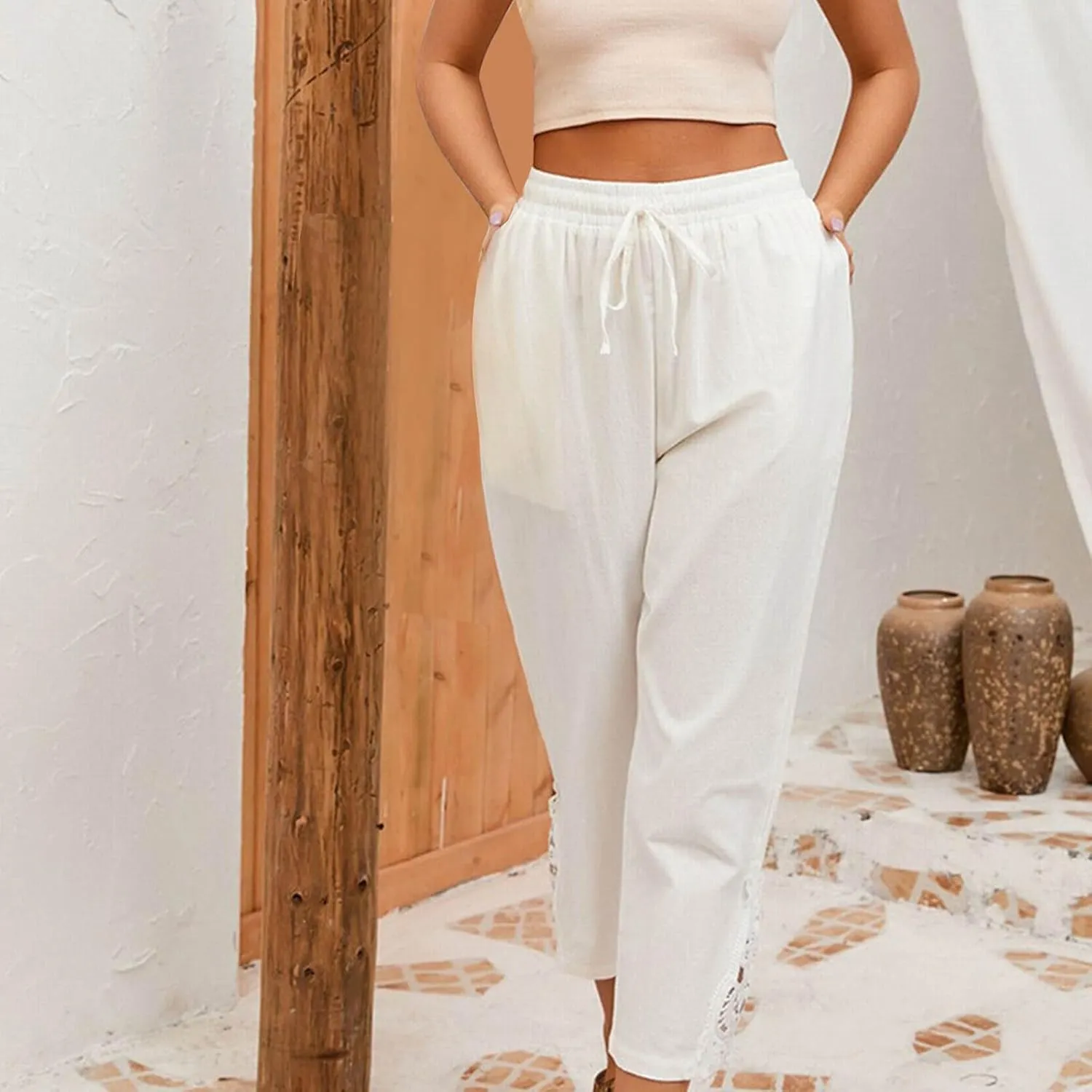 Cotton Linen Pants Women Summer Casual Loose Elastic High Waist Beach Trousers with Pockets Lace Buttom Capri Pants