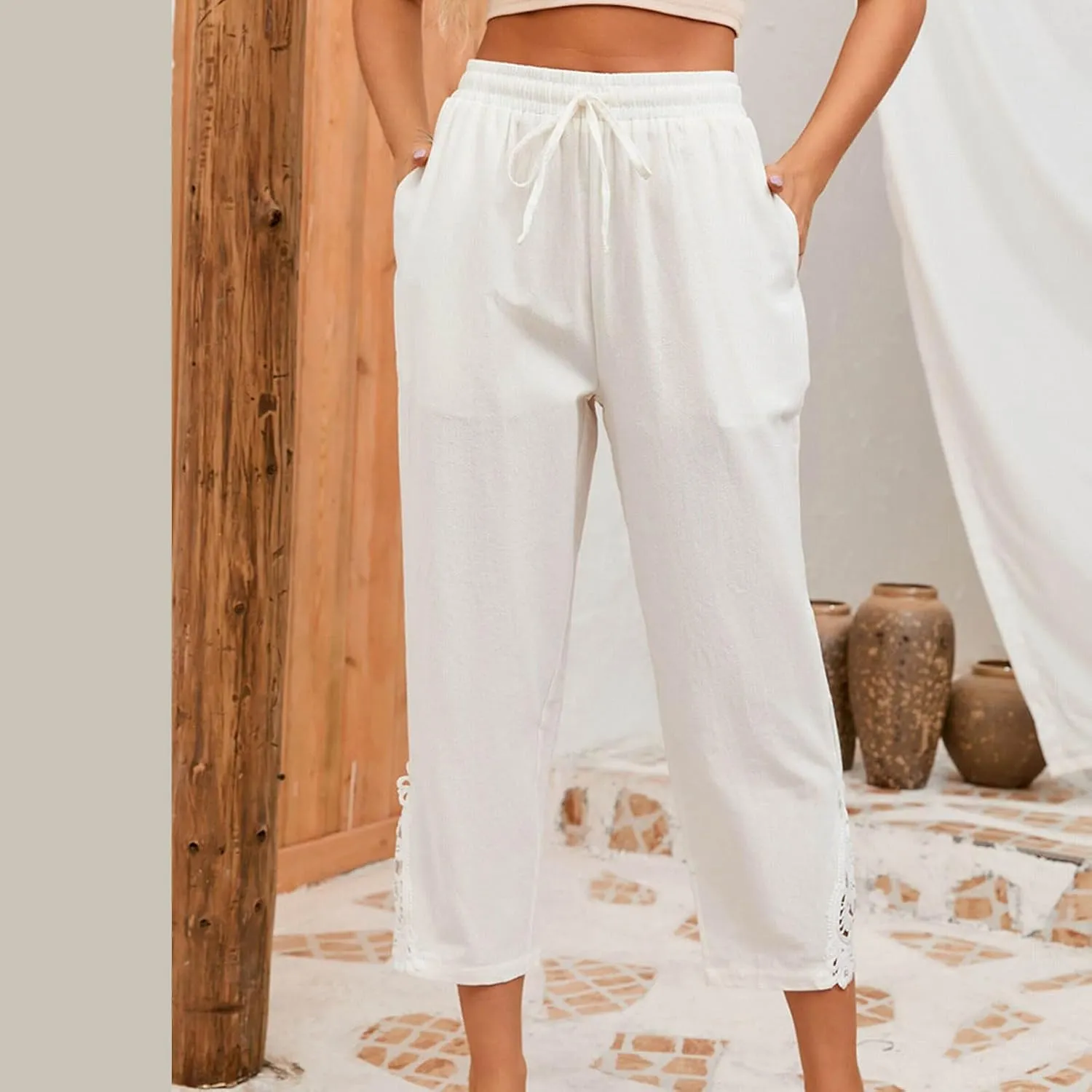 Cotton Linen Pants Women Summer Casual Loose Elastic High Waist Beach Trousers with Pockets Lace Buttom Capri Pants