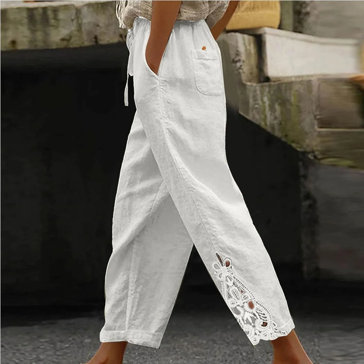 Cotton Linen Pants Women Summer Casual Loose Elastic High Waist Beach Trousers with Pockets Lace Buttom Capri Pants