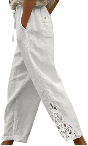 Cotton Linen Pants Women Summer Casual Loose Elastic High Waist Beach Trousers with Pockets Lace Buttom Capri Pants