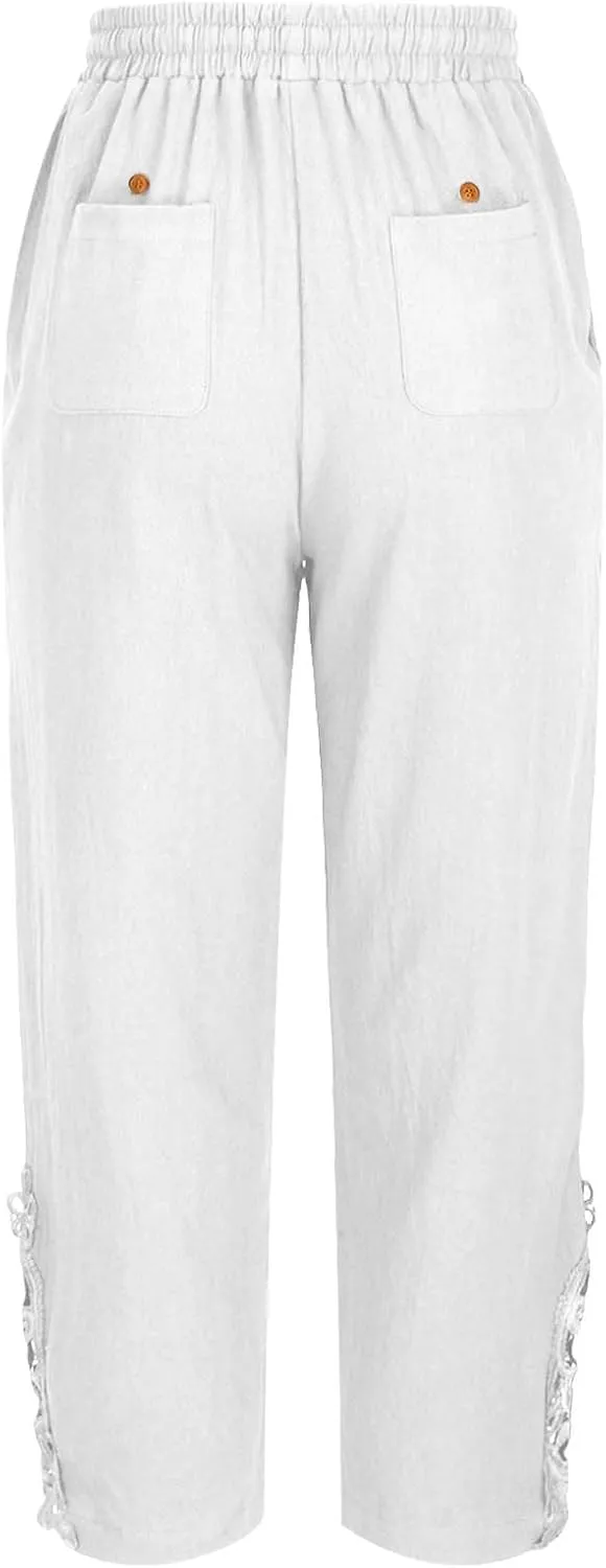 Cotton Linen Pants Women Summer Casual Loose Elastic High Waist Beach Trousers with Pockets Lace Buttom Capri Pants