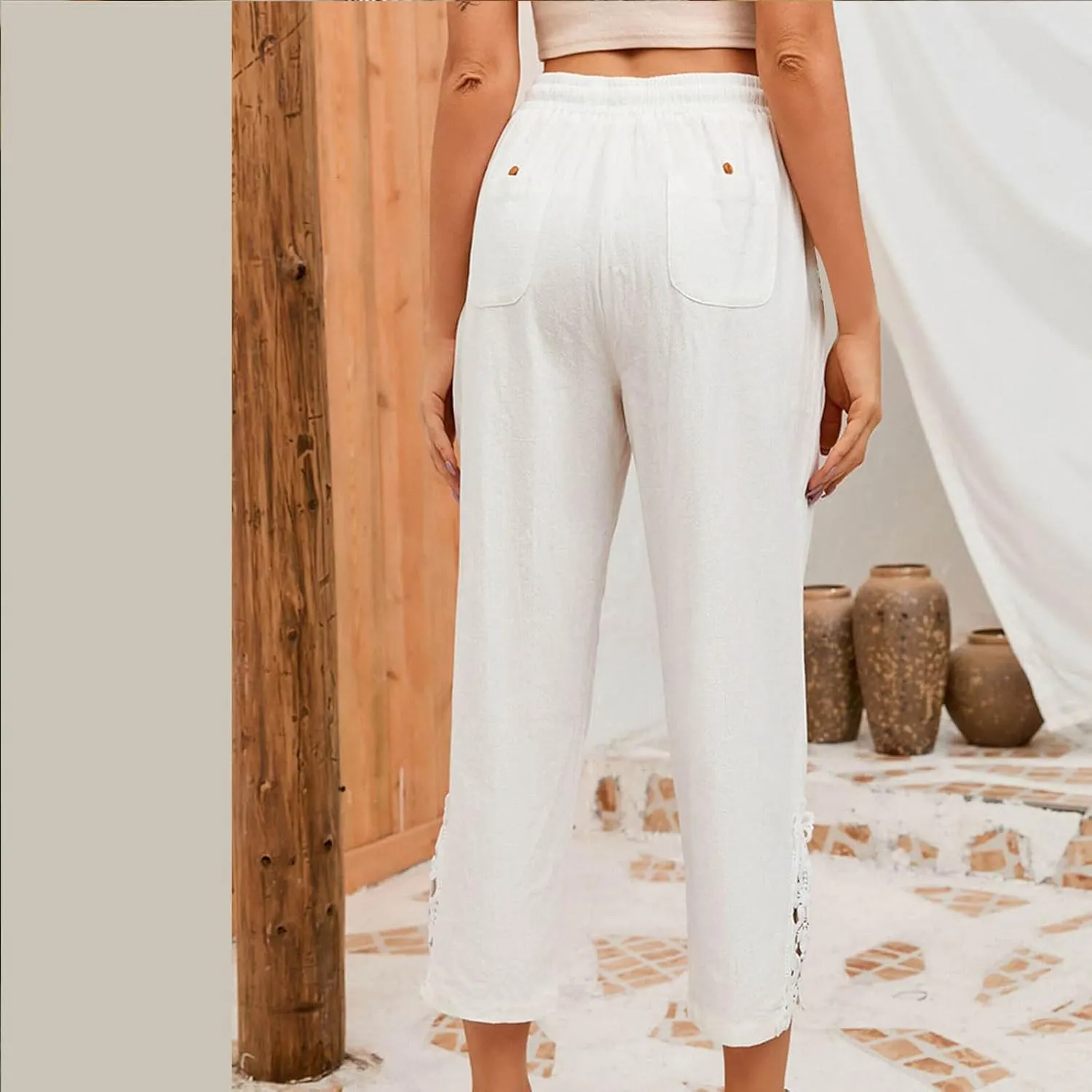 Cotton Linen Pants Women Summer Casual Loose Elastic High Waist Beach Trousers with Pockets Lace Buttom Capri Pants