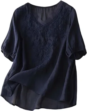 Cotton Linen Shirts for Women 2025 Floral Embroidered Tops Boho Ethnic Women 3/4 Sleeve V Neck Button Tunic Tshirt