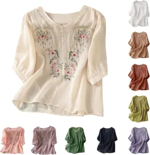 Cotton Linen Shirts for Women 2025 Floral Embroidered Tops Boho Ethnic Women 3/4 Sleeve V Neck Button Tunic Tshirt