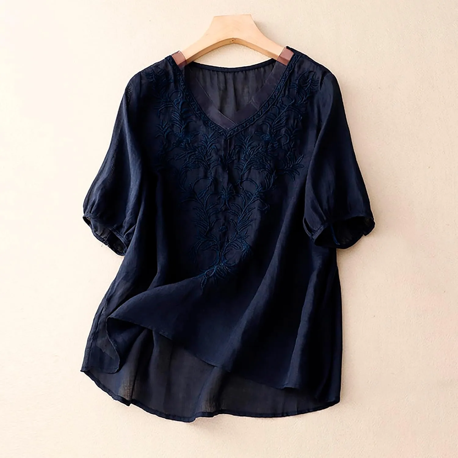 Cotton Linen Shirts for Women 2025 Floral Embroidered Tops Boho Ethnic Women 3/4 Sleeve V Neck Button Tunic Tshirt