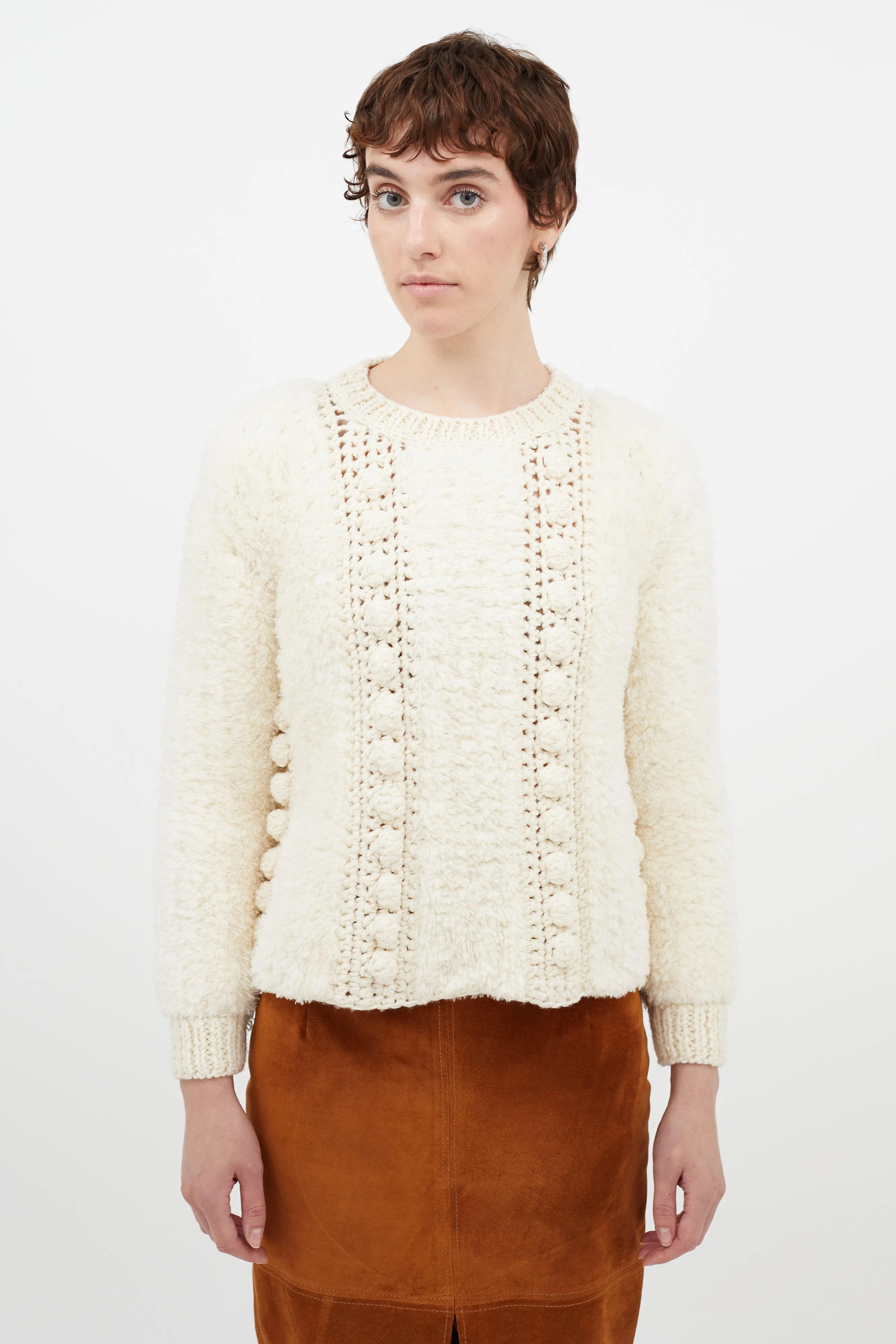 Cream Wool Fuzzy Knit Sweater