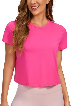 CRZ YOGA Women's Pima Cotton Short Sleeve Crop Tops High Neck Cropped Workout Shirts Yoga Athletic Casual T-Shirt