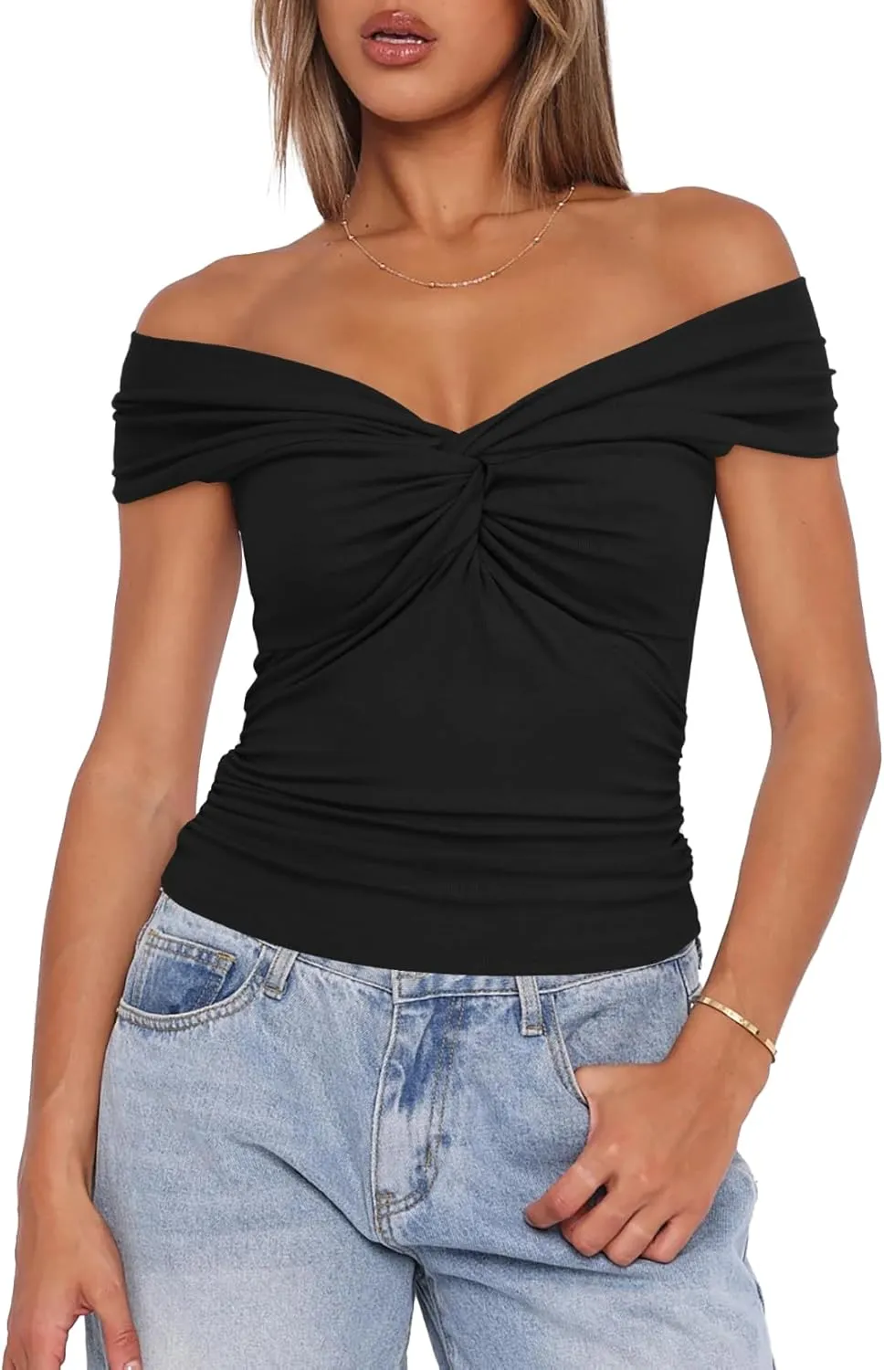 Darong Women Summer Twist Knot Front Off The Shoulder Tank Tops Cap Sleeve Going Out Shirts Slim Fitted Y2K Outfits