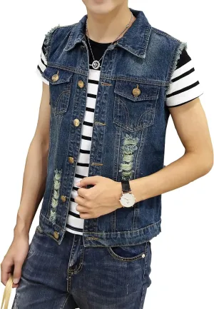 DAVID.ANN Mens Denim Vest Jacket Sleeveless Trucker Jean Jacket