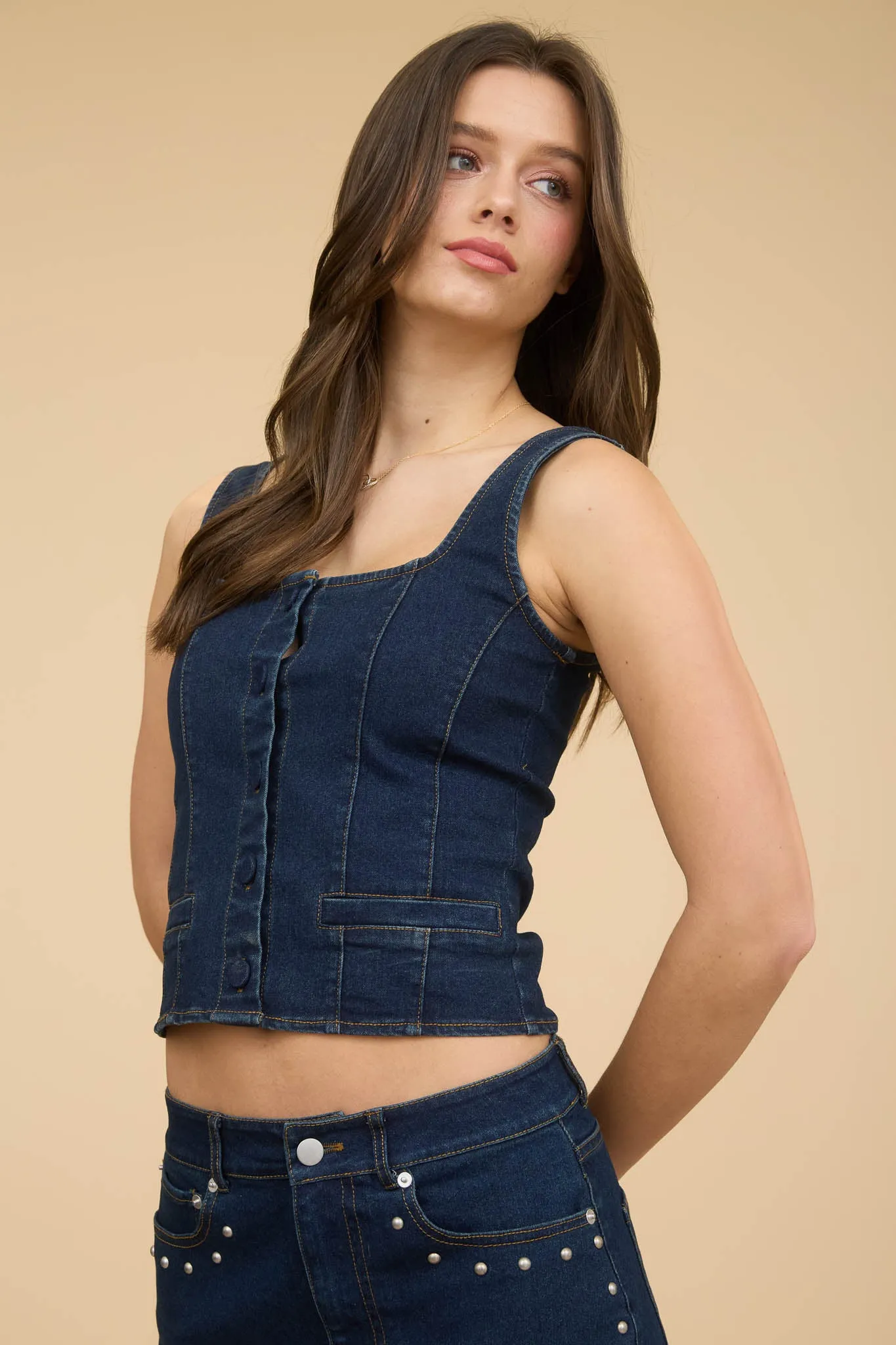 DENIM BUTTON DOWN SQUARE NECK CORSET VEST