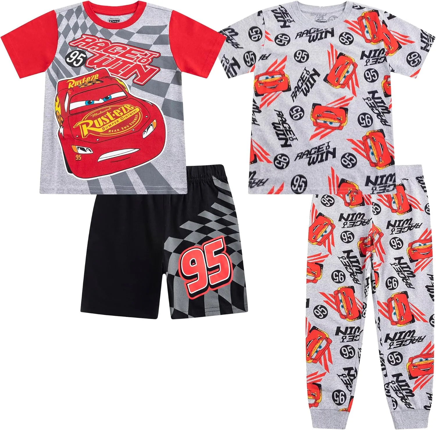 Disney Cars Lightning McQueen Boys Short Sleeve T-Shirts, Pants, and Shorts 4 Piece Set for Toddlers to Big Kids