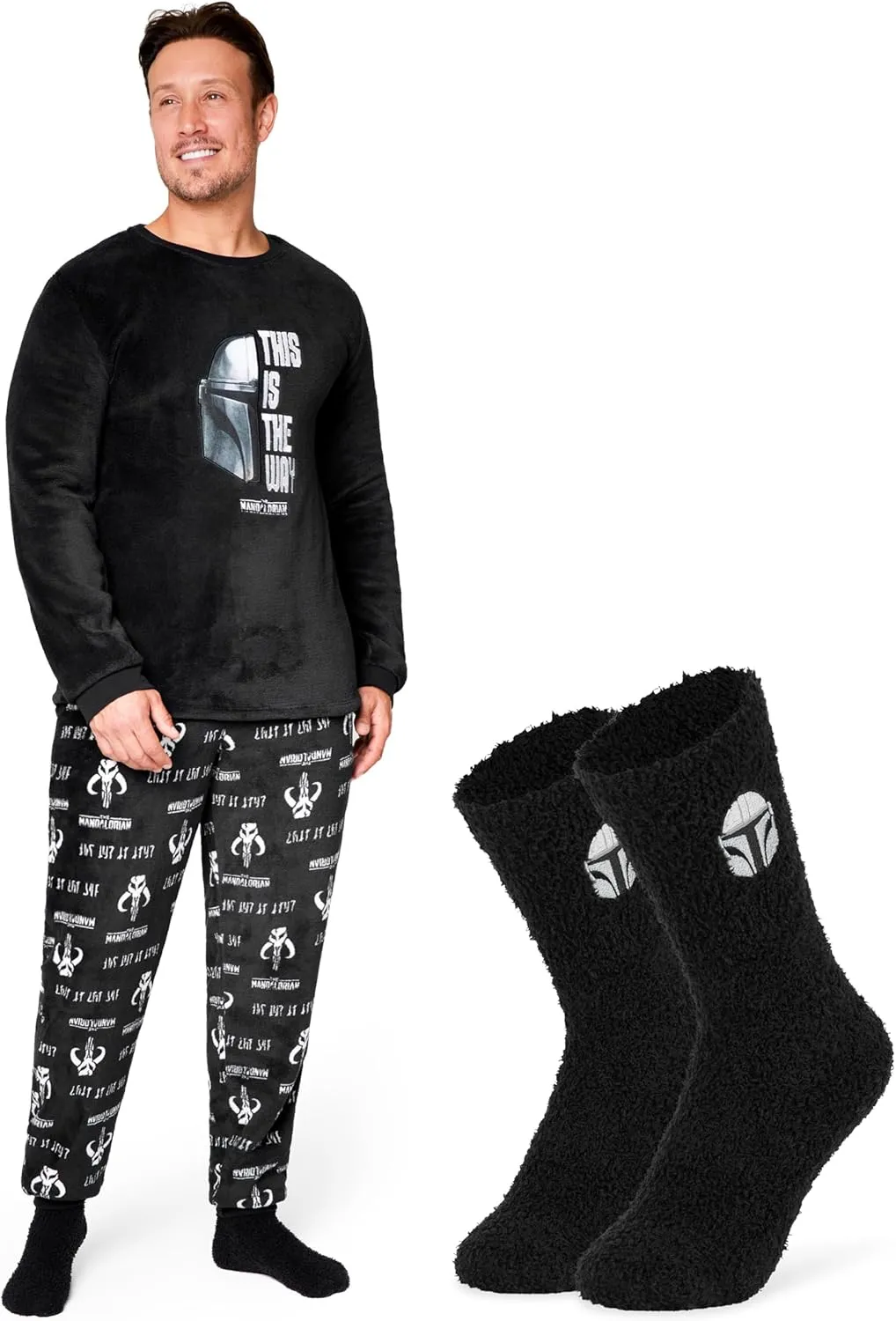 Disney The Mandalorian Mens Pyjamas Set with Fluffy Socks - Fleece Long PJs Lounge Set for Men Teenagers Gifts for Him