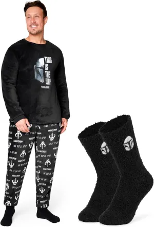 Disney The Mandalorian Mens Pyjamas Set with Fluffy Socks - Fleece Long PJs Lounge Set for Men Teenagers Gifts for Him