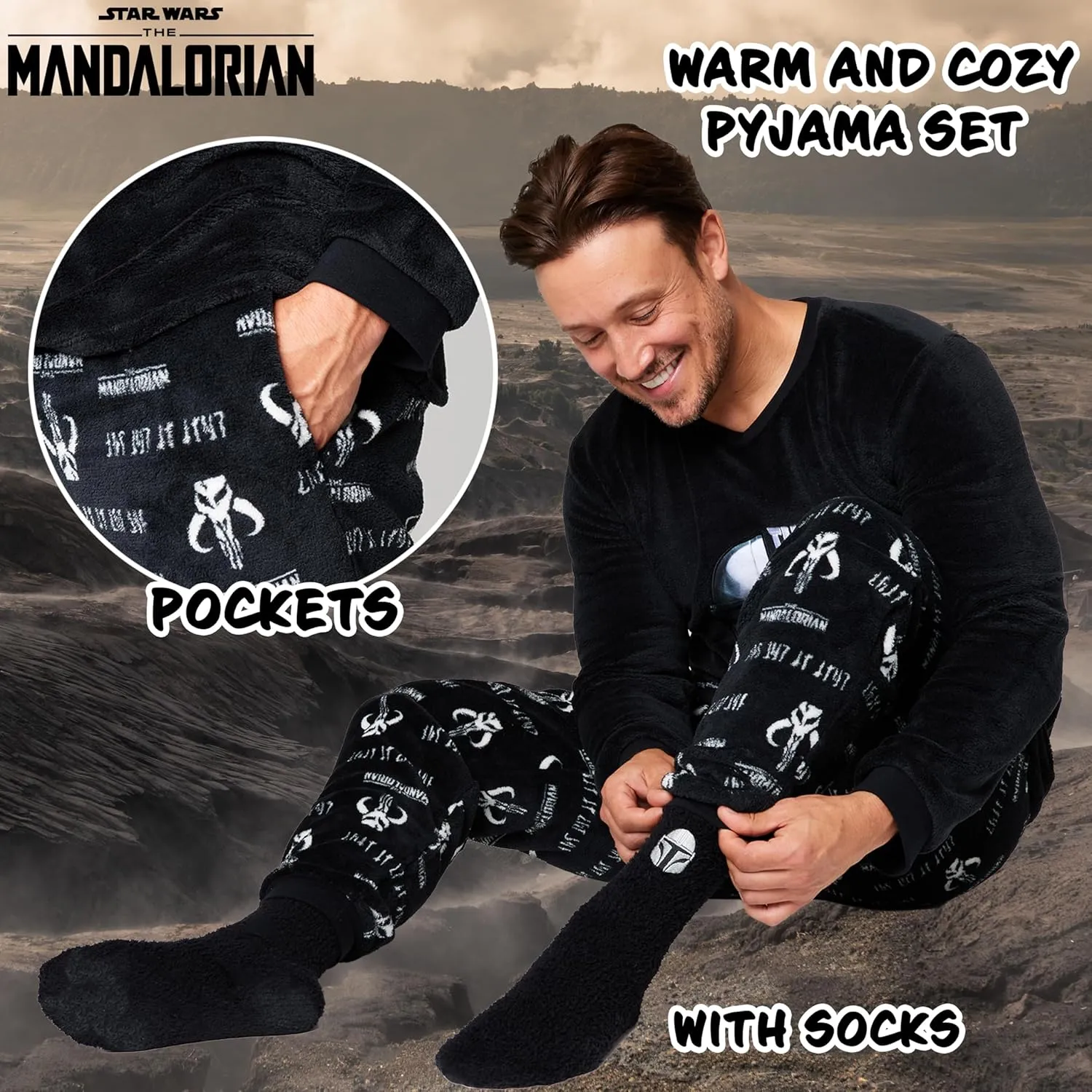 Disney The Mandalorian Mens Pyjamas Set with Fluffy Socks - Fleece Long PJs Lounge Set for Men Teenagers Gifts for Him