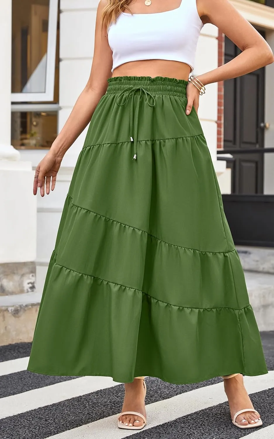 ECOWISH Women Boho Maxi Skirt: Summer Asymmetric Tiered Drawstring Elastic High Waist A-Line Flowy Long Skirts with Pockets