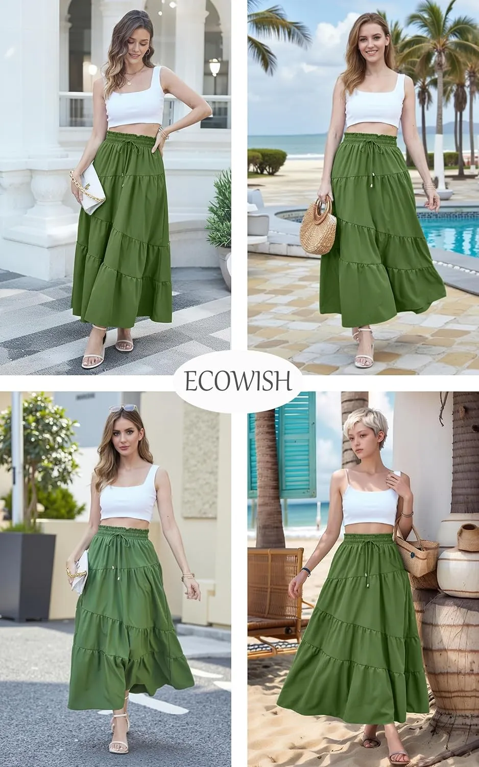 ECOWISH Women Boho Maxi Skirt: Summer Asymmetric Tiered Drawstring Elastic High Waist A-Line Flowy Long Skirts with Pockets