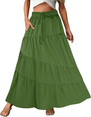 ECOWISH Women Boho Maxi Skirt: Summer Asymmetric Tiered Drawstring Elastic High Waist A-Line Flowy Long Skirts with Pockets