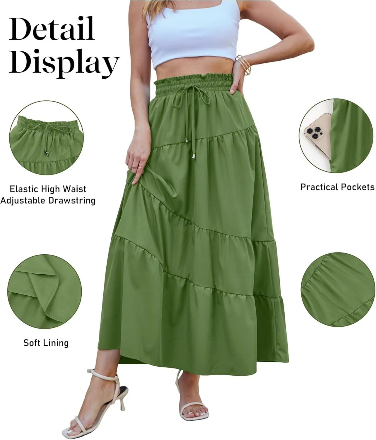 ECOWISH Women Boho Maxi Skirt: Summer Asymmetric Tiered Drawstring Elastic High Waist A-Line Flowy Long Skirts with Pockets