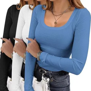 ELESOL Womens 3 Pack Long Sleeve Shirts Square Neck Basic Ribbed Tops Tee Thermal Undershirts