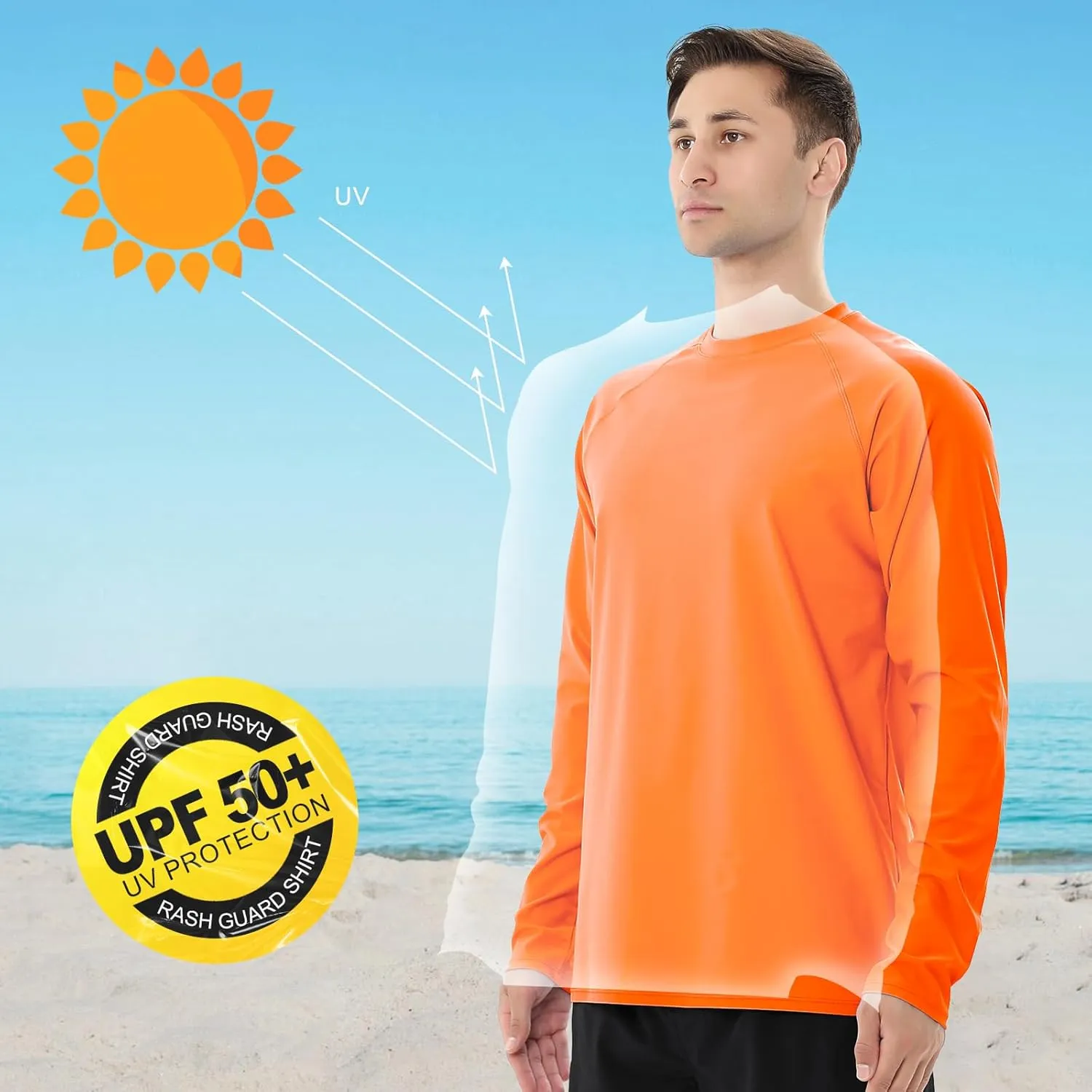 ESTAMICO 2 Pack Men Rash Guard Quick Dry Long Sleeve Swim Shirts UPF 50  UV Sun Protection Swim Tee