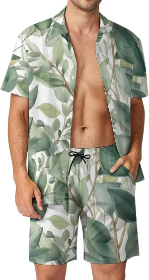 Eucalyptus Leaves Mens Swimsuit 2 Pieces Set Quick Dry Shorts Shirts Summer Button Down Short Sleeve Set