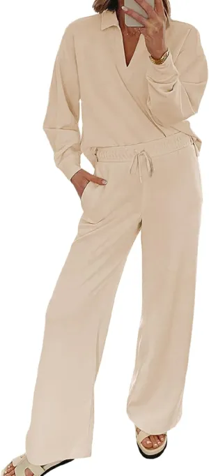 EVALESS Two Piece Sets for Women Lounge Sets V Neck Sweatshirt Wide Leg Sweatpants Women Outfits