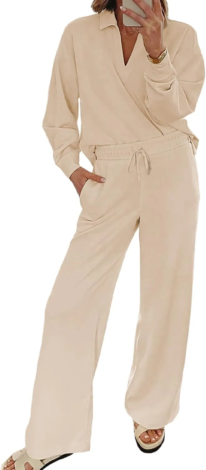 EVALESS Two Piece Sets for Women Lounge Sets V Neck Sweatshirt Wide Leg Sweatpants Women Outfits