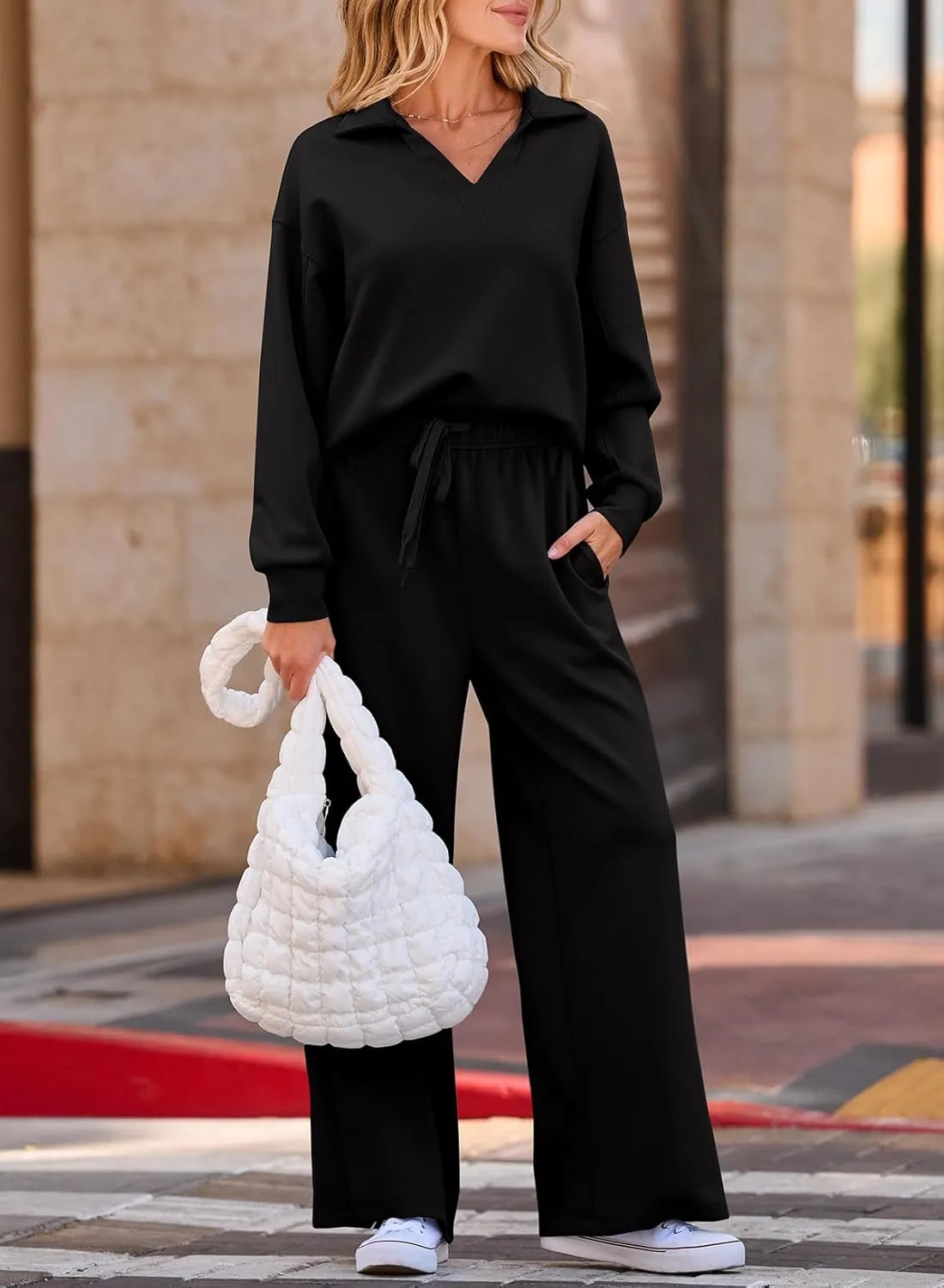EVALESS Two Piece Sets for Women Lounge Sets V Neck Sweatshirt Wide Leg Sweatpants Women Outfits