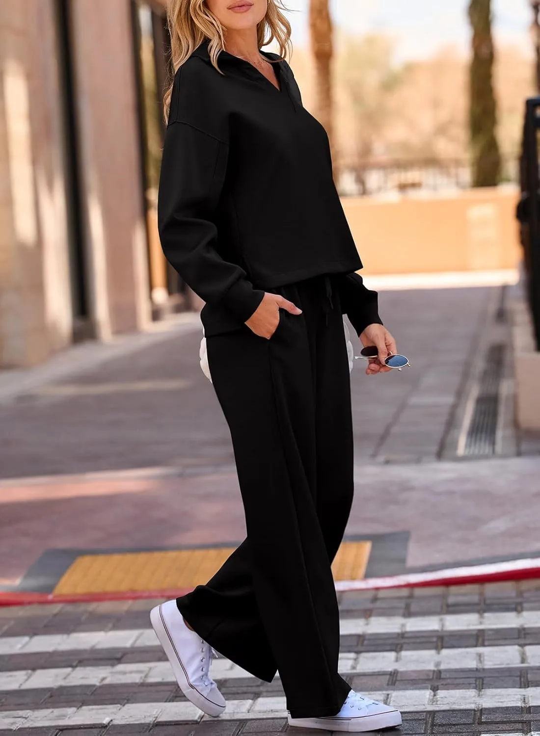 EVALESS Two Piece Sets for Women Lounge Sets V Neck Sweatshirt Wide Leg Sweatpants Women Outfits