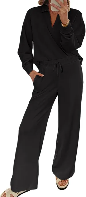 EVALESS Two Piece Sets for Women Lounge Sets V Neck Sweatshirt Wide Leg Sweatpants Women Outfits